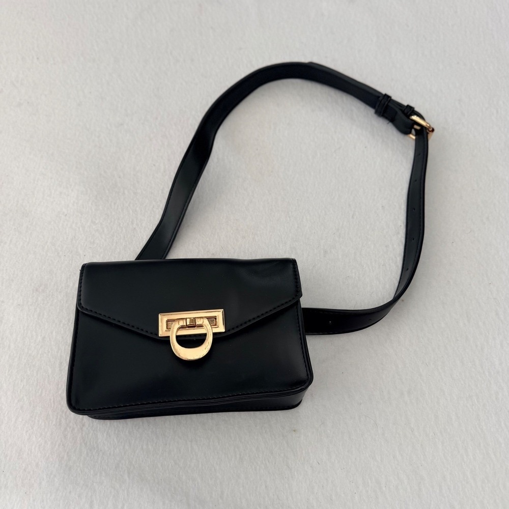 Ecosusi Black Vegan Leather Belt Bag Gold Hardware Adjustable Waist Fanny Pack